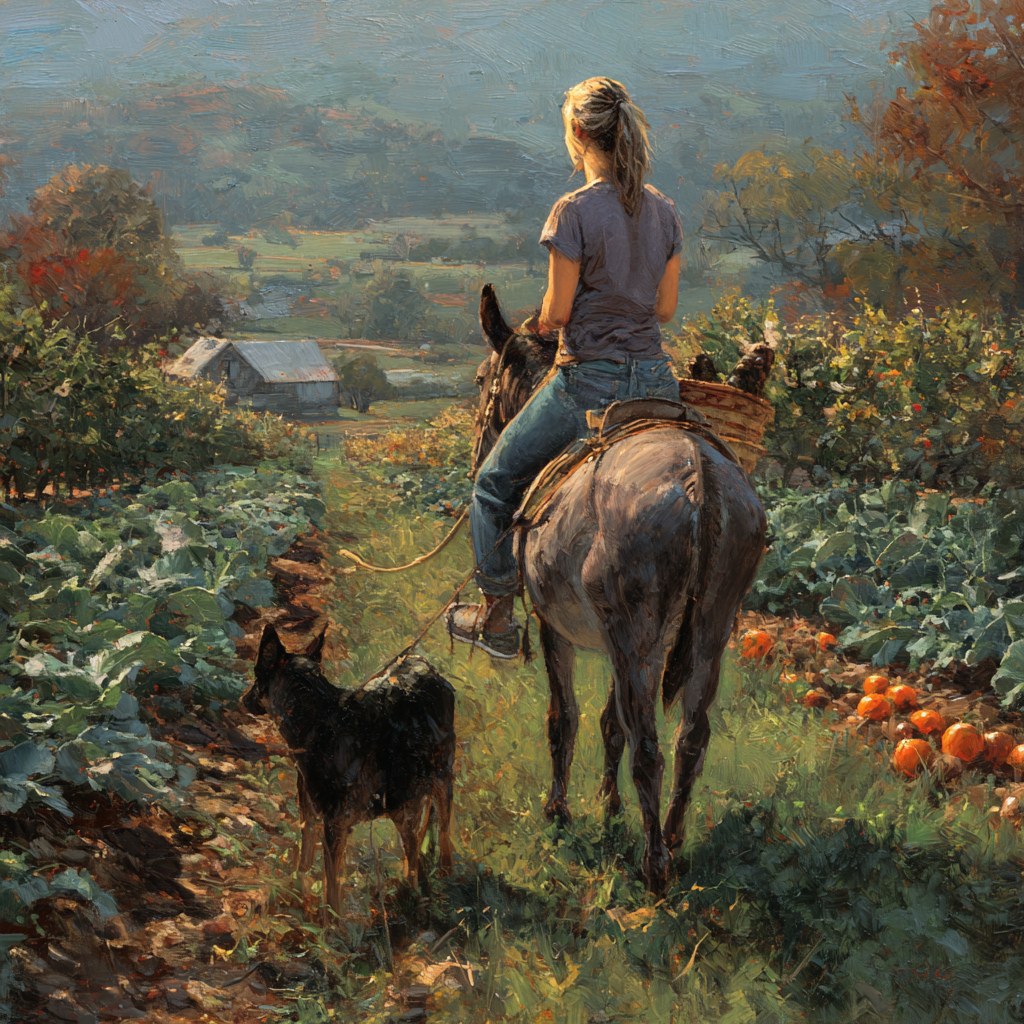 A painting of Jo Massanari riding her mule along a garden path, a herding dog walking beside them, with pumpkins ripening on the vine, autumn trees, and a barn in the valley beyond