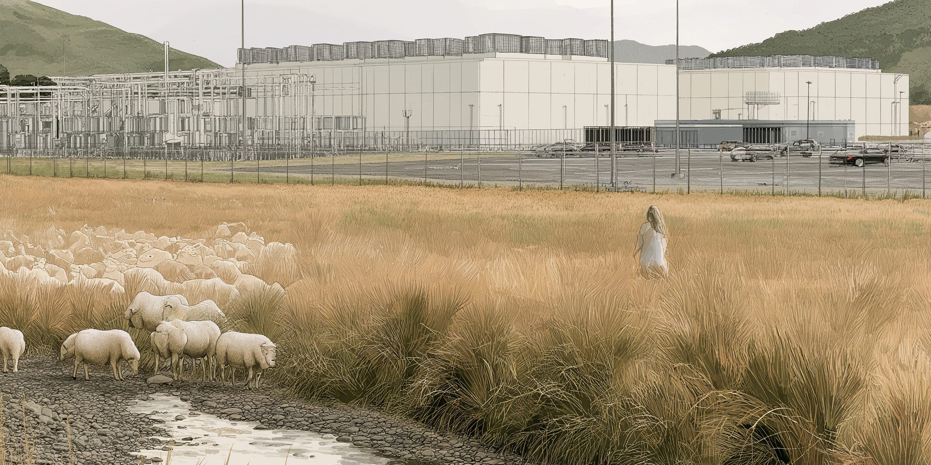 A woman and a flock of sheep in a dry field beside a low creek, with a large data center and electrical substation behind a perimeter fence, green mountains beyond