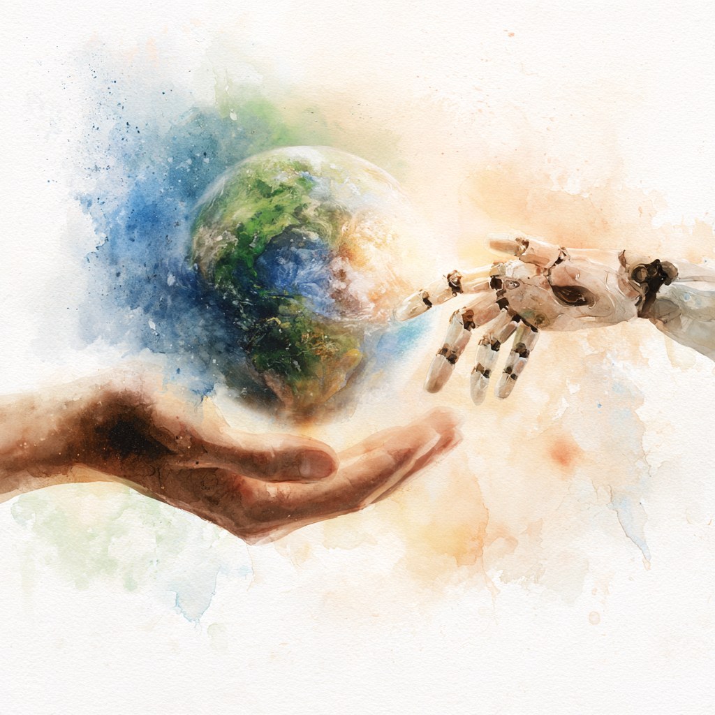 A watercolor in which an open human hand, palm up, holds a translucent Earth of blue and green, while a jointed mechanical hand reaches toward it from the opposite side.